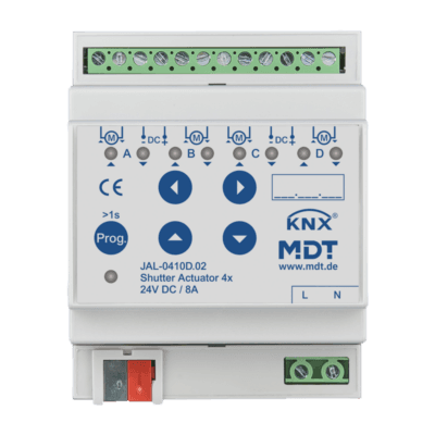 MDT-JAL-0410D: KNX Shutter Actuator 4-channel, 4 SU MDRC, 8 A, 24 V DC