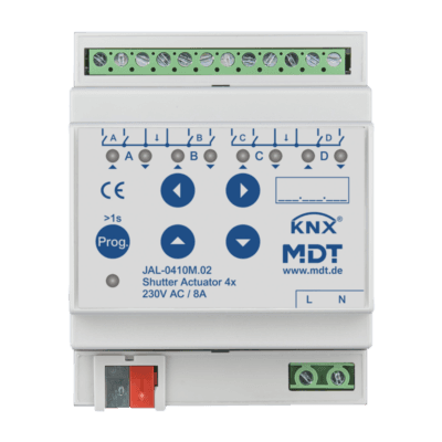 MDT-JAL-0410M: KNX Shutter Actuator 4-channel with travel time measurement
