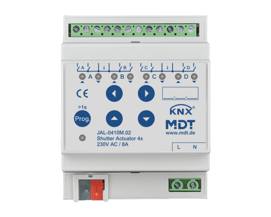 MDT-JAL-0410M: KNX Shutter Actuator 4-channel with travel time measurement
