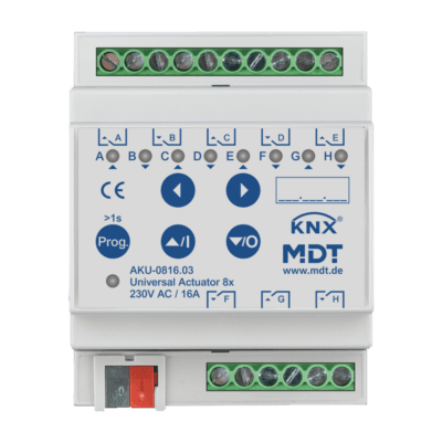 MDT-AKU-0816: KNX Universal Actuator 8-channel, 4 SU MDRC, 16 A, 230 V AC, 100 μF, 15 ECG
