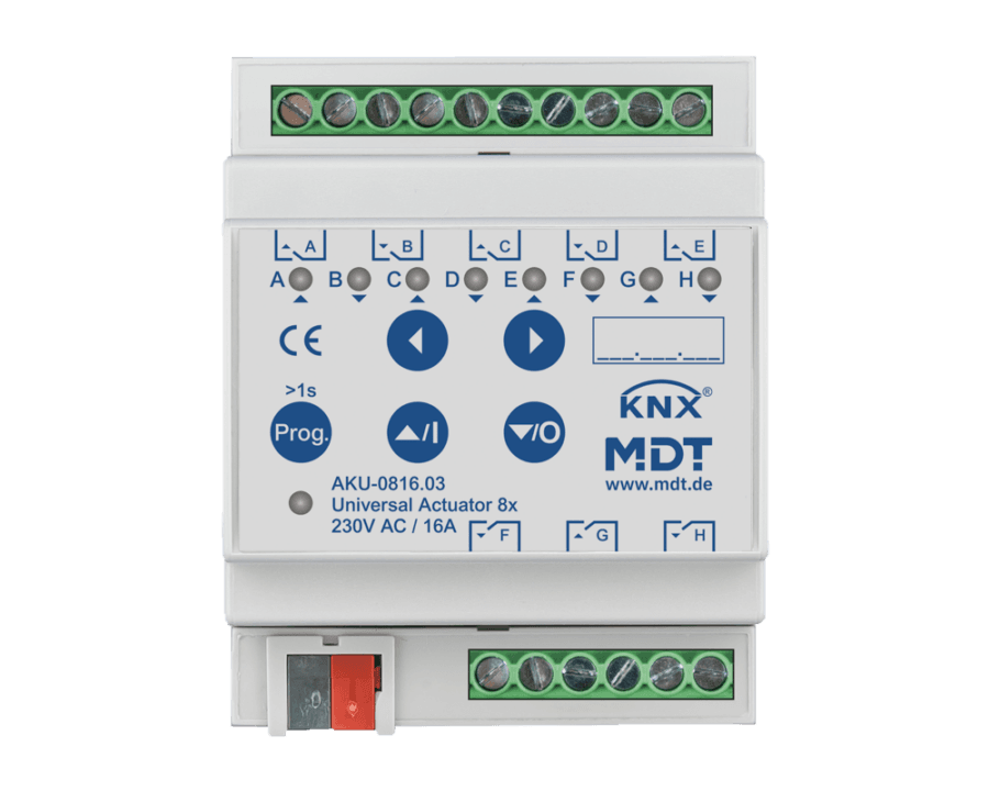 MDT-AKU-0816: KNX Universal Actuator 8-channel, 4 SU MDRC, 16 A, 230 V AC, 100 μF, 15 ECG